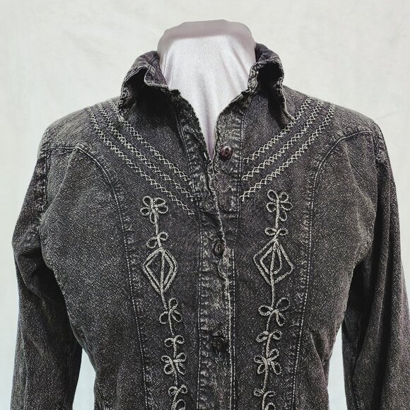 Embroidered & Flourished Denim Blouse w/Scalloped Hem & Wrists - Picture 8 of 11